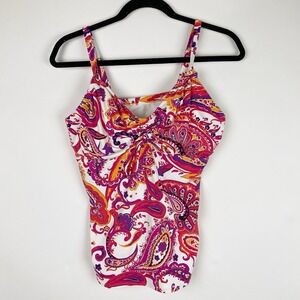 Lands End Pink‎ Purple Paisley Tankini Top Women 14L D Cup Underwire Padded